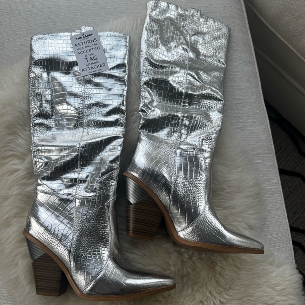 Silver Croc-Embossed Knee-High Boots - Picture 6 of 9